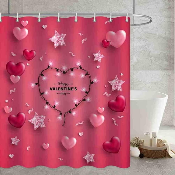 Valentine''s Day Shower Curtain, Romantic Red Hearts Valentines Day Shower Curtain Bathroom Decor, Red Rose Flowers Valentines Shower Curtain Waterproof Fabric Shower Curtain with Hooks