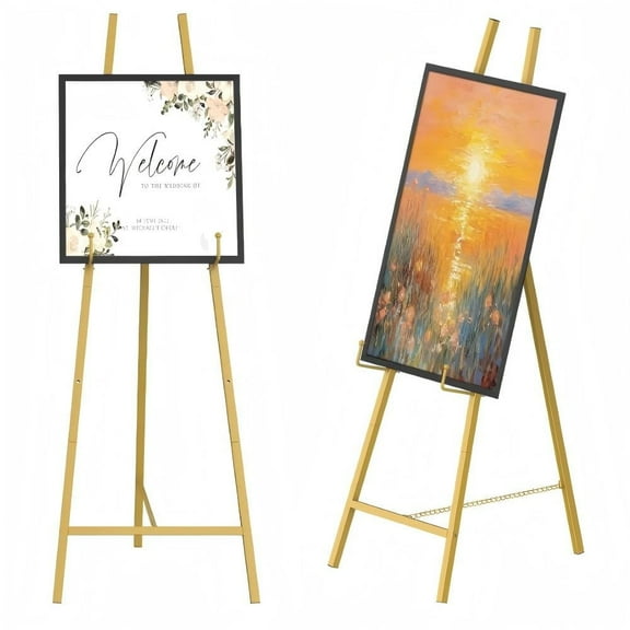 OYEAL 46" H Adjustable Metal Floor Standing Easel with Chain Support, Perfect for Showcasing Pictures, Artwork, Wedding Sign, Gold