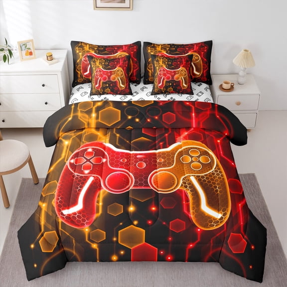 Manfei Neon Gamepad Boys Twin Bedding Sets 7-Piece, Orange Red Honeycomb Geometric Bedding Comforter Set, Modern Video Game Lover Reversible Sheet Sets, Luxury Bedroom Decor
