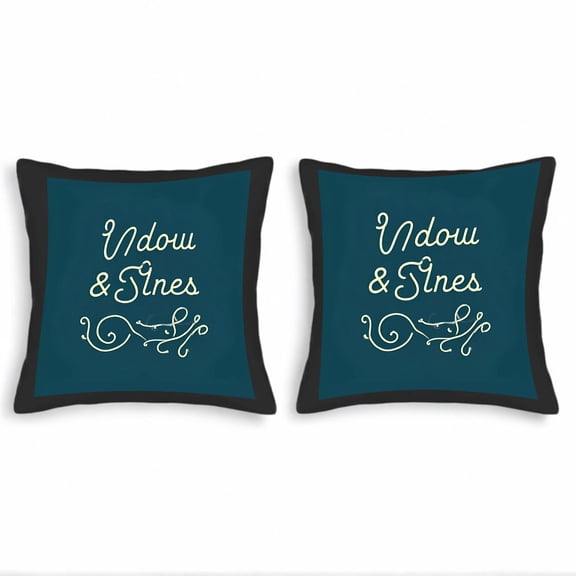 Set of 2 Decorative Throw Pillow Covers 18x18in - Dark Teal with Black Border Cursive ' Udoou ' & Intricate Swirling Design