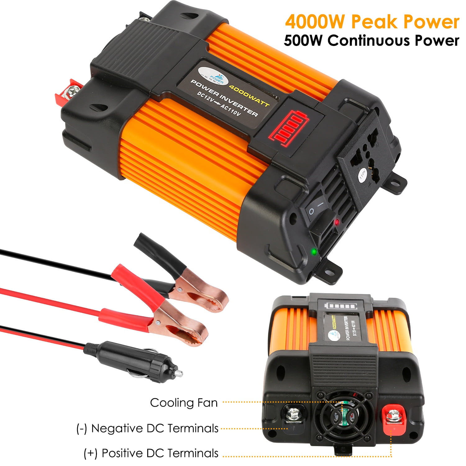 500W Power Inverter 4000W Peak Power DC 12V to 11oV AC Car Power Converter with Dual USB Ports AC Outlet with Car Charger Adapter, Multiple Protection for Caravan Laptop TV