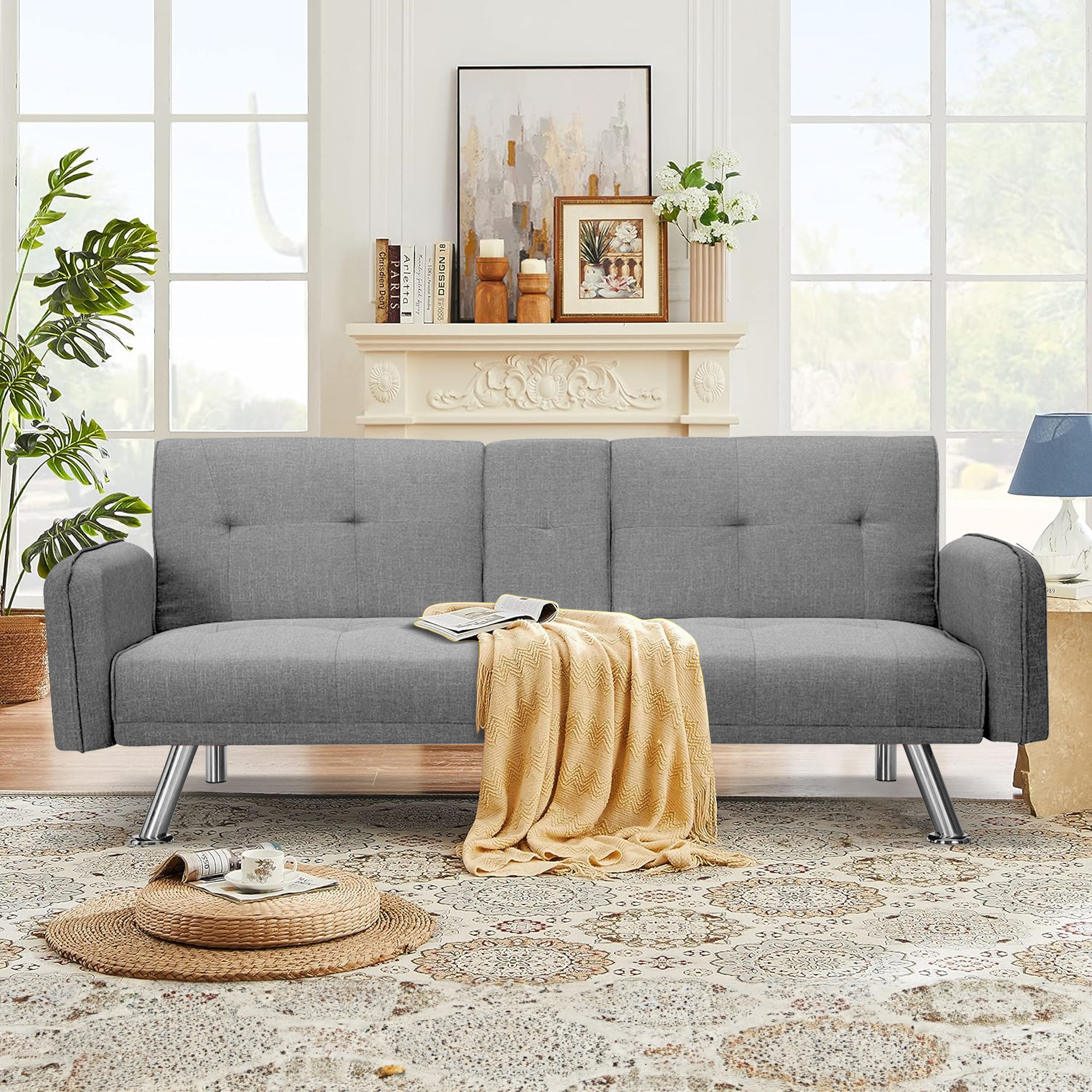 Aukfa 75" Square Arm Futon Convertible Sofa Bed for Home Office, 2 Cup Holders, Linen, Gray