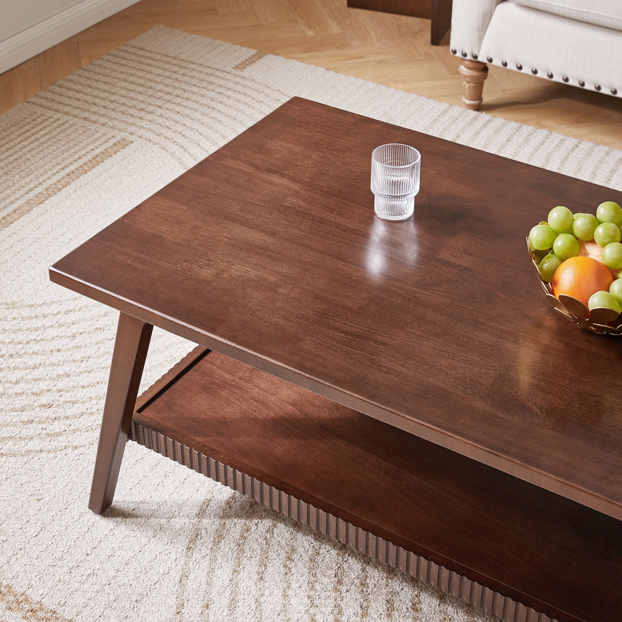 GARITIN Solid Wood Coffee Table, Rectangular Living Room Coffee Table with Lower Storage Shelf, Wooden Center Cocktail Table for Home Apartment Office, Walnut