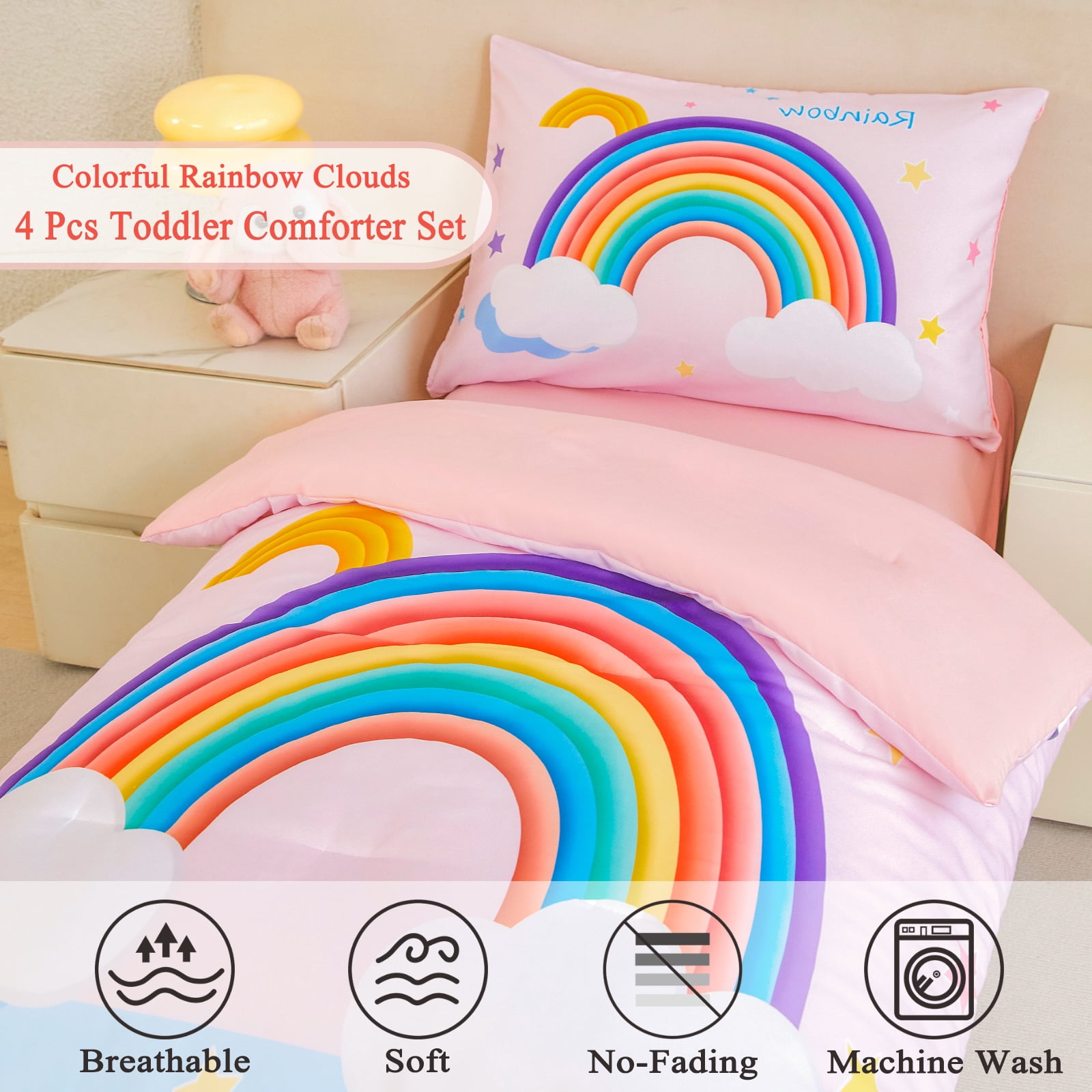 ZRNBAST 4 Piece Toddler Bedding Set for Girls, Cartoon Stars Rainbow Comforter Set, Includes Comforter, Flat Sheet, Fitted Sheet and Pillowcase, Pink