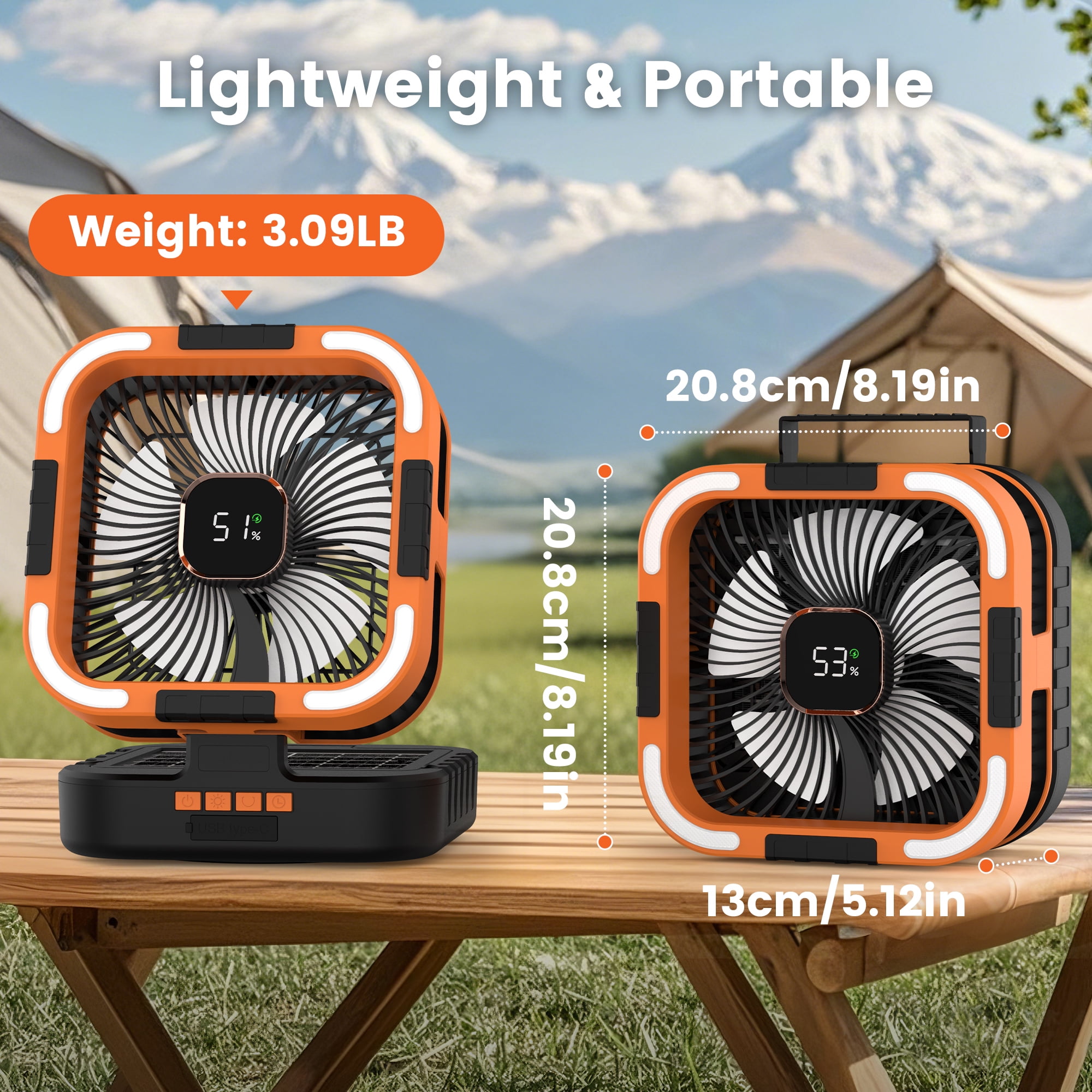 Solar Fan, 10000mAh Rechargeable Camping Fan Battery Portable Fans with LED Light, 6 Speeds Powerful Wind and 6H Timer Oscillating Tent Fan for Picnic, Fishing