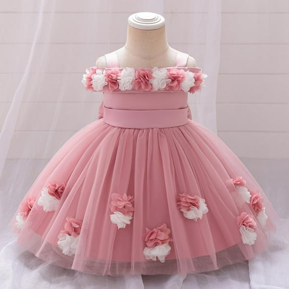 NAISIBABY Little Girls Princess Dress, Off the Shoulder Tutu Mesh Floral Embroidered Pageant Birthday Wedding Party Dress Pink 2T