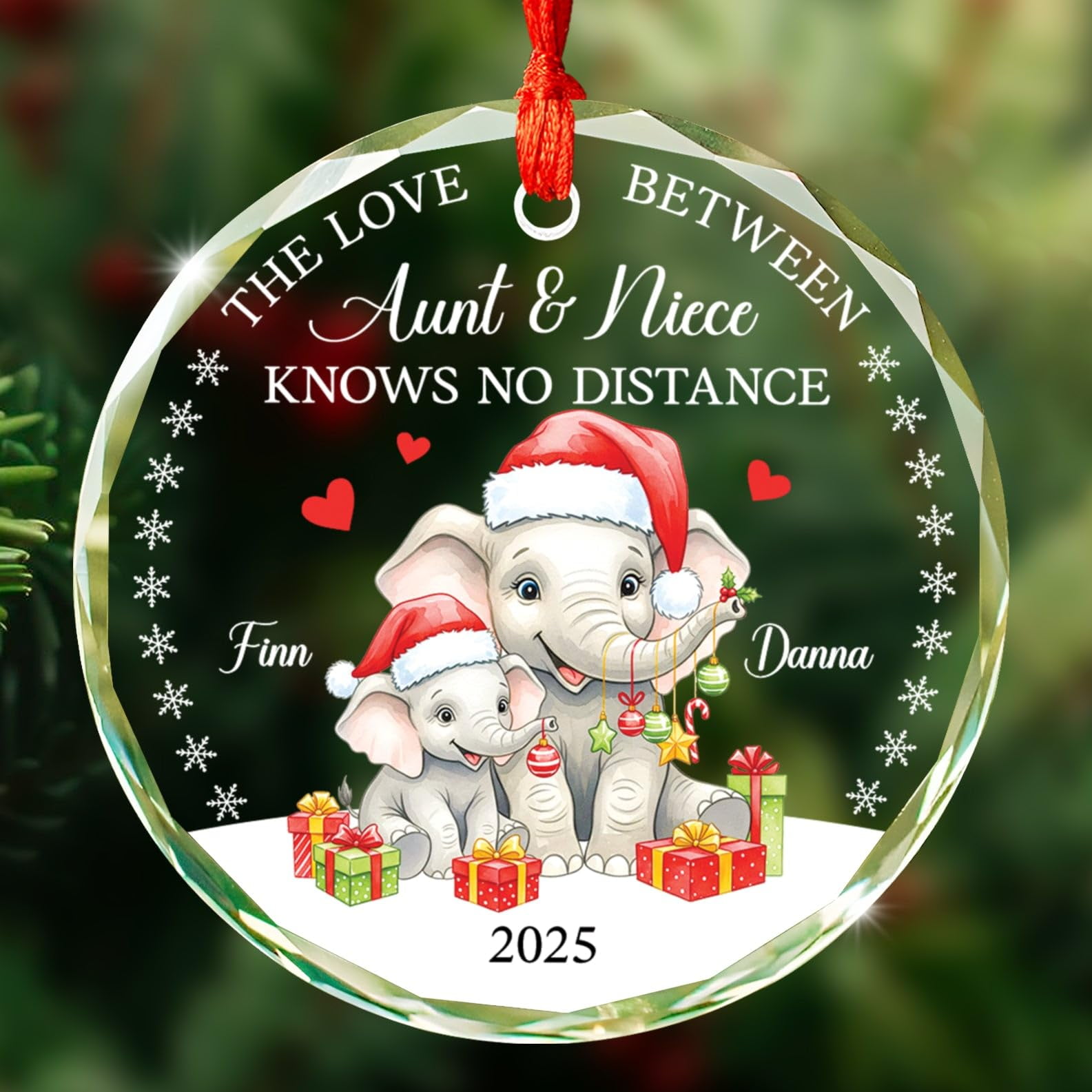 The Love Between Aunt and Niece Knows No Distance Ornament, Custom Aunt and Niece Glass Ornament Christmas 2025, Personalized Elephant Aunties Christmas Ornaments with Name & Year, Auntie Keepsake