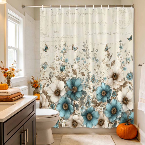 Teal Tulips Shower Curtain, Waterproof Shower Curtains for Bathroom, Farmhouse Elegant Floral Beige Washable Fabric Bathtub Curtain Set Bath Decor with 12 Hooks 72"x78"