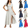 thumbnail image 4 of ClodeEU Women's Polka Dot V Neck Short Sleeve Waist Tie High Side Slit Wrap Maxi Dress,Casual Summer Beach Vacation Dress White,Women's Plus S, 4 of 4