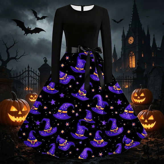 BaoFuBaoMei Vintage Halloween Dresses for Women Plus Size Crew Neck Long Sleeve Halloween Witch Hat Star Print Midi Dress Back Zipper Closure Waist Bow Tie a Line Dresses for Party