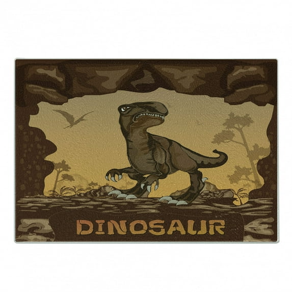 Fantasy Cutting Board, Giant Dinosaur on Cliffs Cave Wild Fossil Jurassic Animal Illustration, Decorative Tempered Glass Cutting and Serving Board, Small Size, Apricot Redwood, by Ambesonne