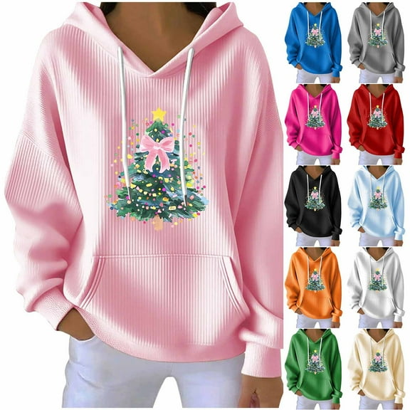 Weiqiqre Christmas Sweatshirts for Women Fashion Hoodies Xmas Tree Print Oversized Pullover Casual Long Sleeve Hooded Sweatshirt