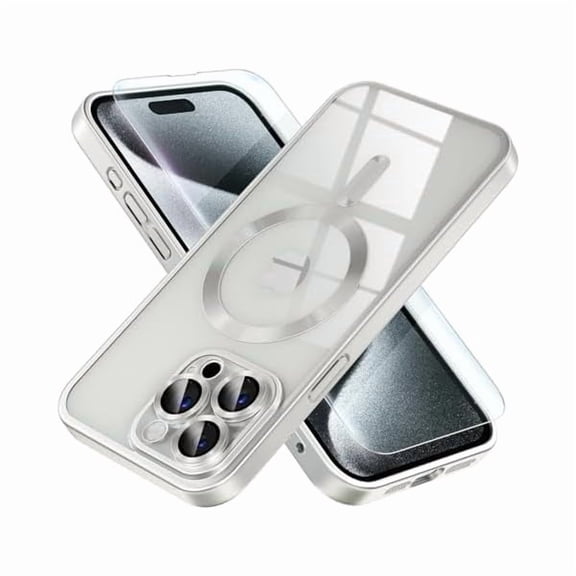 Eryueer Magnetic for iPhone 15 Pro Max Case [Never Yellowing] [Military Grade Drop Protection] Full Camera Lens Protector Soft Clear Phone Case for Women Girls, Titanium Silver