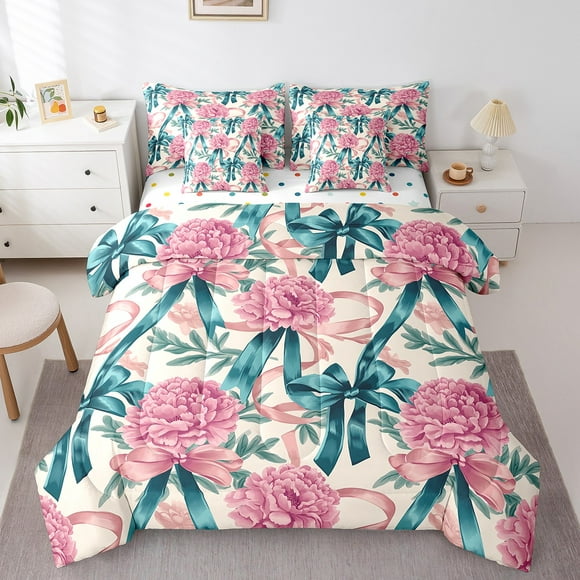 Bowknot Bedding Set Twin 7 Pcs,Baroque Vintage Bed in a Bag with Flat Fitted Sheet,Flower Floral Bowknot Comforter Set with Pillowcase and Sham,Watercolor Oil Painting Bed Sheets Set