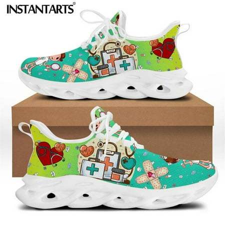 

INSTANTARTS Brand Design Women Sneakers White Nursing Shoes Cute Cartoon Nurse Doctor Medical Print Light Lace-up Flats Footwear