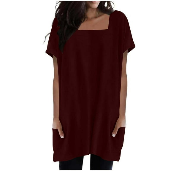 Long Tops for Women wear with Leggings Square Neck Short Sleeve Loose Fit Tunic Tee Shirt with Pockets (XL, Wine)
