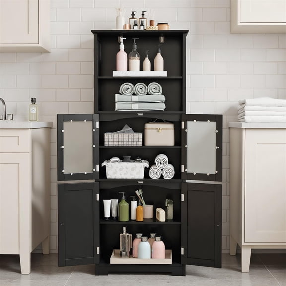 Spaco Black 6-Tier Freestanding Bathroom Cabinet, 2 Open Compartments & Adjustable Shelves