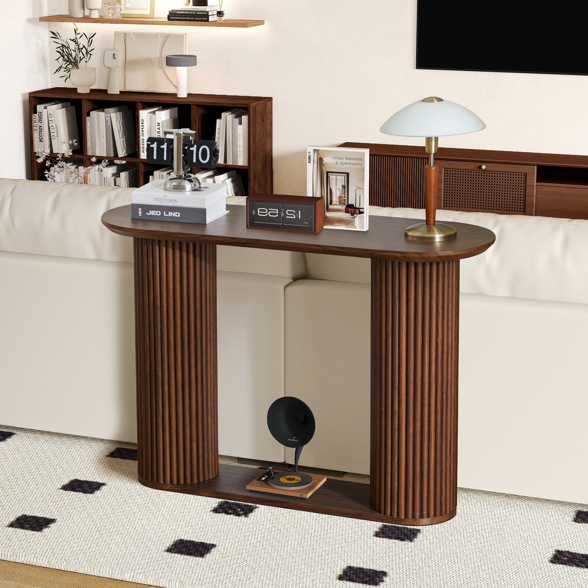 PHOYAL 42.51" Long Walnut Console Table with Vertical Stripe, Oval Fluted Sofa Table with Curved Edge Design for Entryway Hallway Living Room