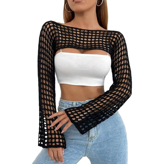 Women’s Cropped Knit Shrug Top Lightweight Bell Sleeve Summer Cover-Up, Soft Breathable Cropped Cardigan Shrug for Casual & Beach, Cropped Shrug Women