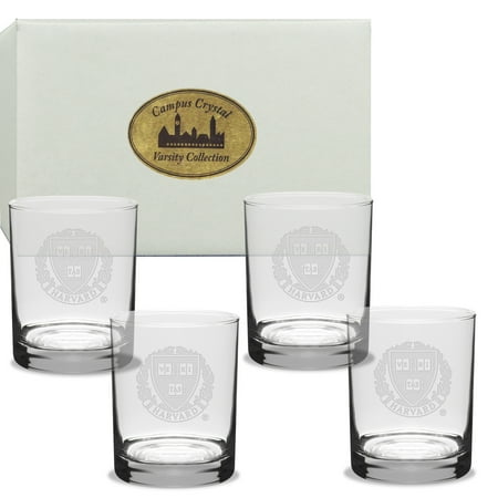 4 Etched Crystal - Harvard Crimson Deep Etched Double Old Fashion Glass Set of 4