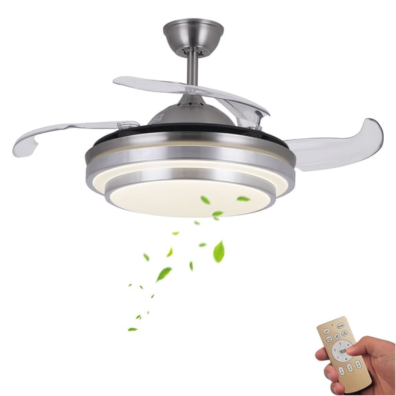 42" Retractable Ceiling Fan Lamp Dimmable LED Chandelier W/ Light Remote Control