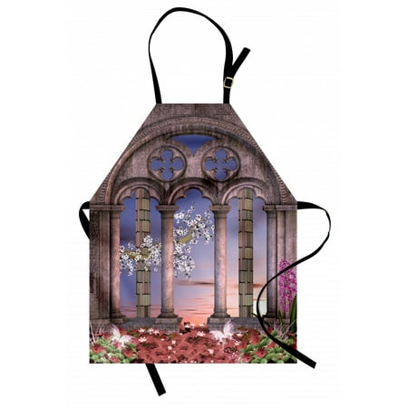 

Gothic Apron Ancient Colonnade in Secret Garden with Flowers at Sunset Enchanted Forest Unisex Kitchen Bib Apron with Adjustable Neck for Cooking Baking Gardening Grey Blue Lilac Red by Ambesonne