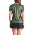 thumbnail image 3 of Camiseta casual de mujer con brillo, cuello redondo, mangas abullonadas y diseño retorcido, talla XS, color verde y dorado, 3 of 6