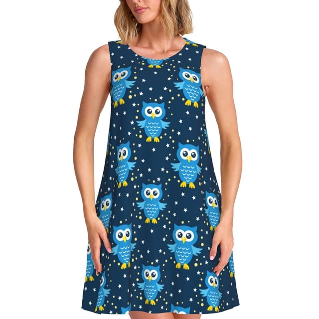Fotbe Blue Owl Vestido de Verano sin Mangas para Mujer – Vestido Midi Línea A, Estilo Camiseta Floral, Vestido Playero Casual y Fluido