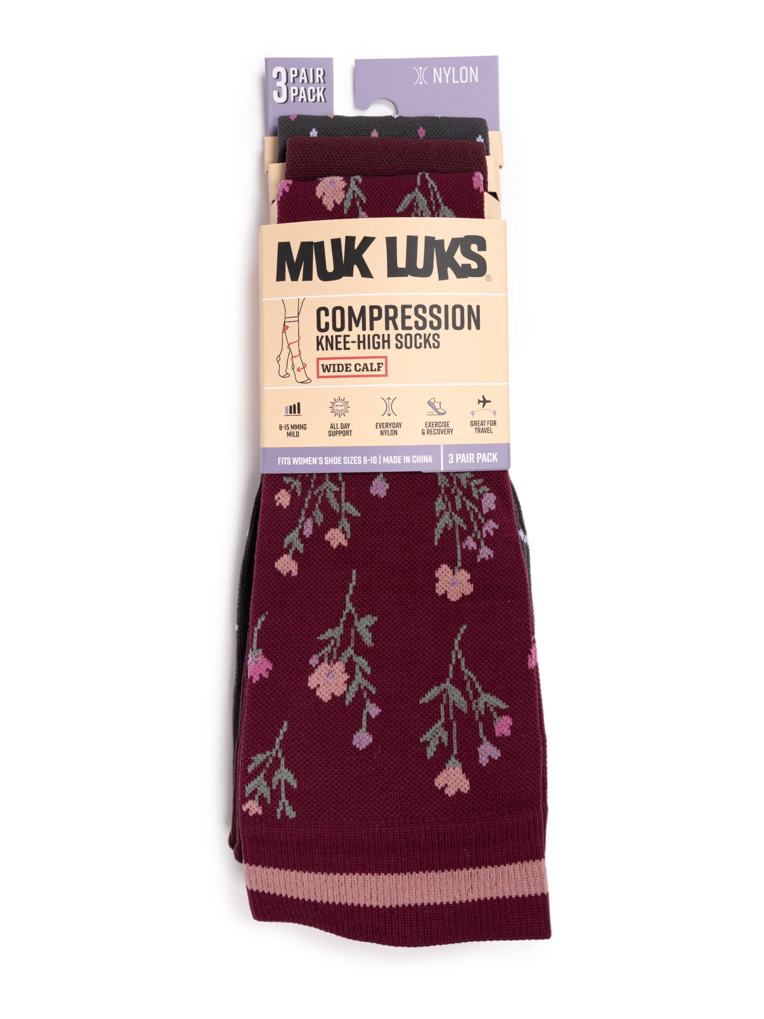 MUK LUKS Women's Wide Width Compression Nylon Knee-High Socks, 3-Pack, Shoe Size 6-10