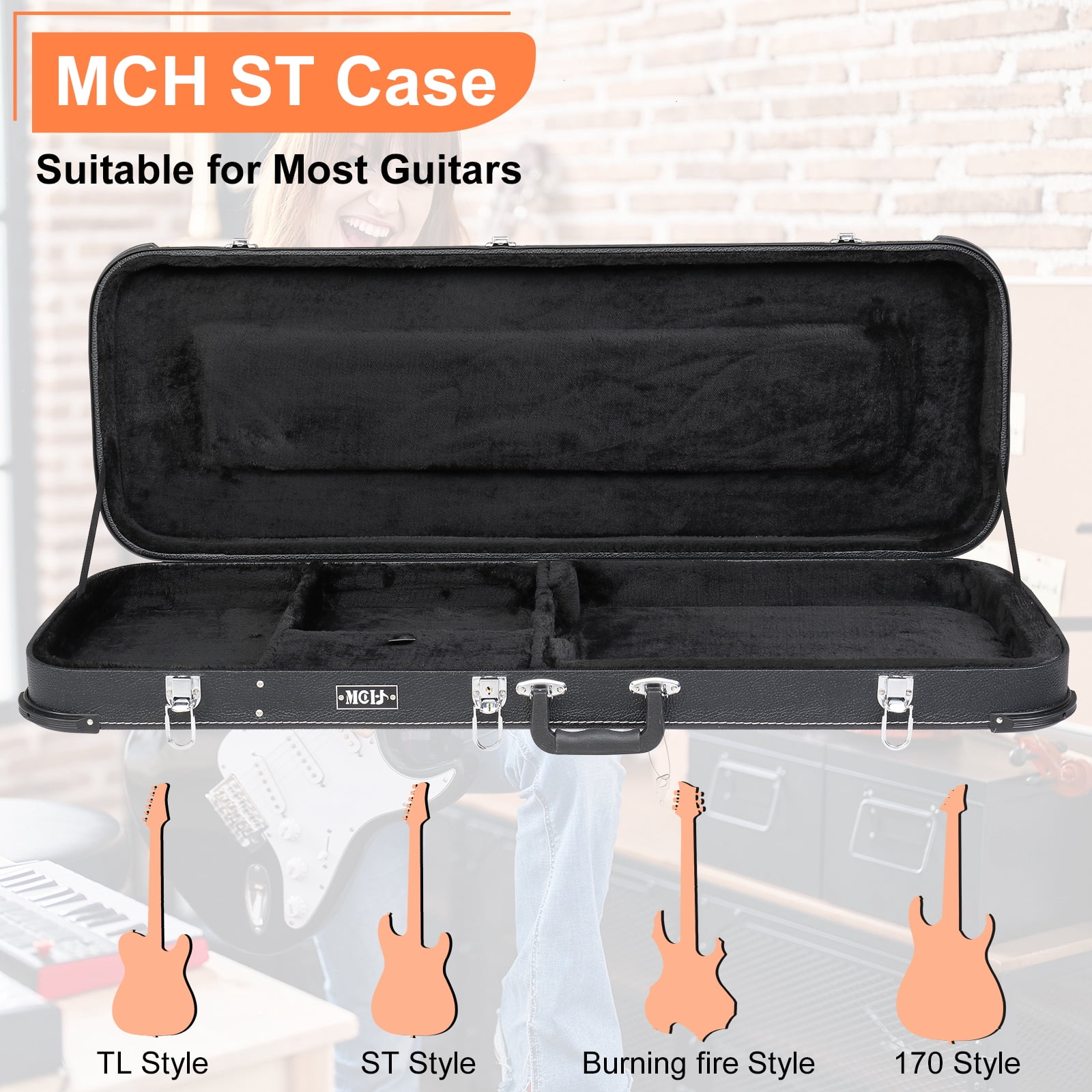 Electric Guitar Square Hard Case with Protective Sleeve Fits ST TL Burning fire 170 Style Electric Guitar, Black