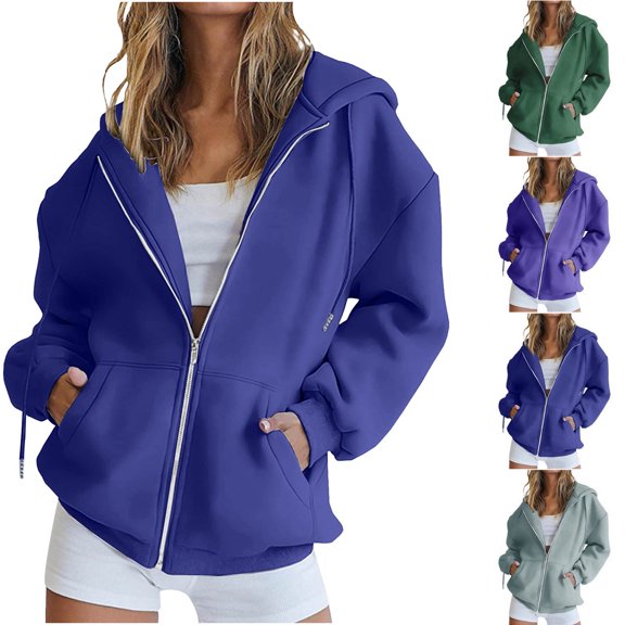Hzzrkos Women Fashion Loose Solid Color Hooded Long Sleeve Full Zip Patch Pocket Zip Up Hoodie Jacket for Daily Casual Outdoor Lifestyle