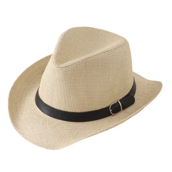 Xmyrz Unisex Summer Roll Brim Sun Hat Breathable Mesh Western Cowboy Fedora Straw Hat Wide Brim Casual Beach Cap Beige