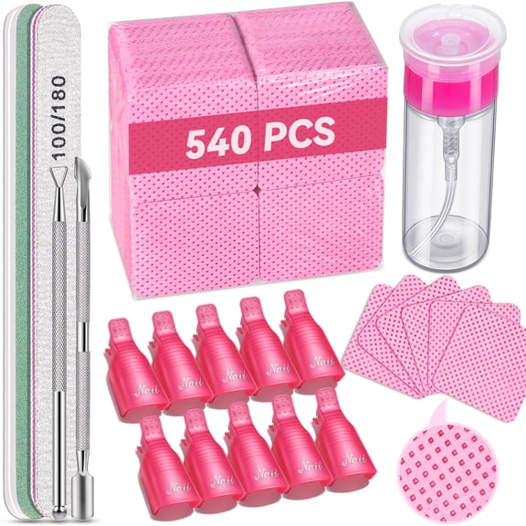 MORGLES Gel Nail Polish Remover Kit with 540 Wipes, 100ml Pump Bottle, 10 Clips, Cuticle Pusher, File, Buffer - Professional Manicure Tools Set