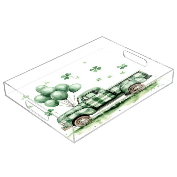 WOBOGO Acrylic Serving Trays 15.7x11.8 Inch Spill Proof Clear Decorative Organizer with Handle St Patricks A Truck with Balloons and Clover Leaves on The Roof