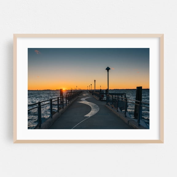 Red Hook Sunset - Brooklyn New York Photography Sunset Boardwalk Ocean Coastal Harbor Landscape Scenic Oak Framed Wall Art Print 5 x 7 inches