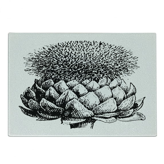 Artichoke Cutting Board, Vintage Illustration of a Flowering Perennial Plant Fresh Growth Art, Decorative Tempered Glass Cutting and Serving Board, Small Size, Black and White, by Ambesonne