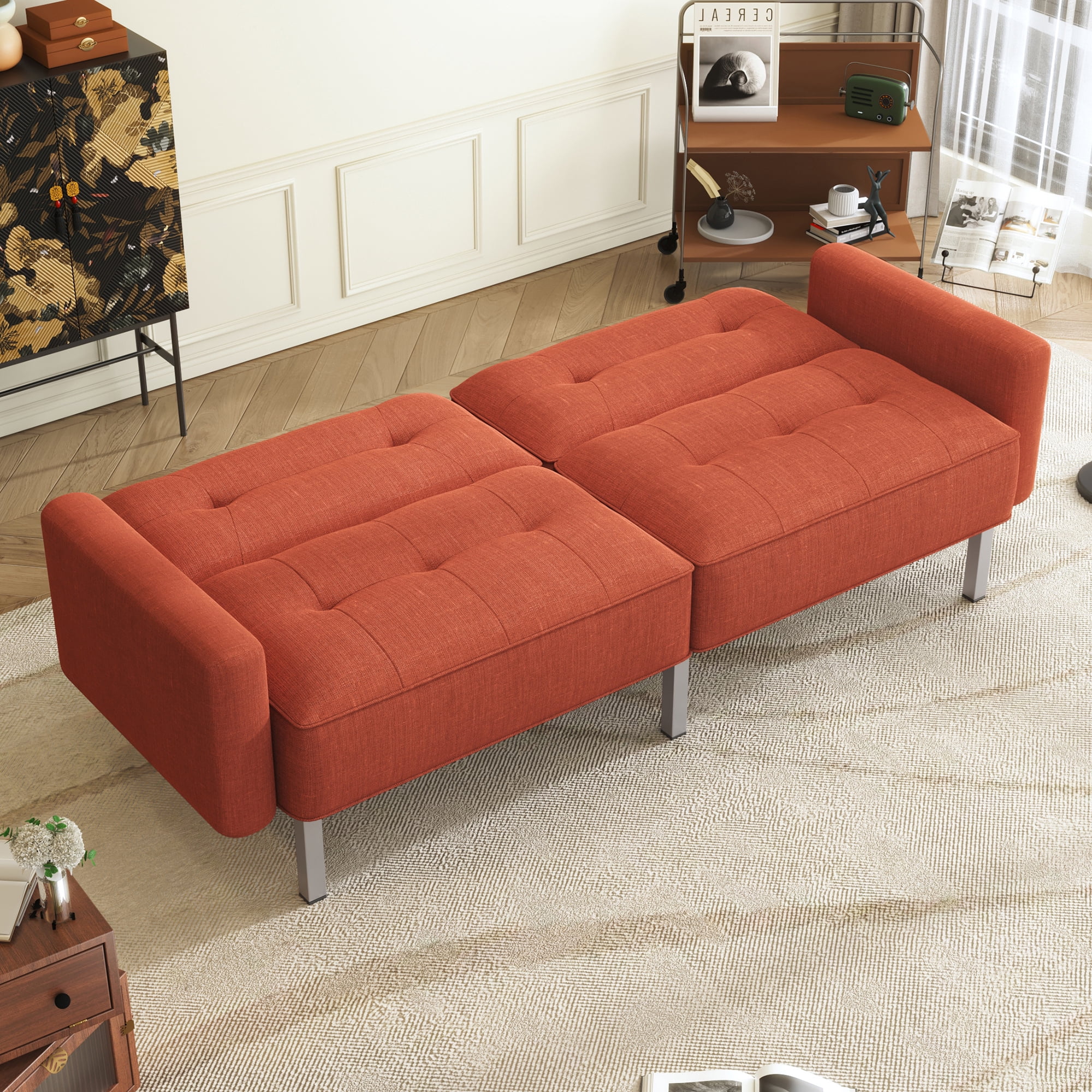 Aukfa 76" Futon Convertible Sofa Bed, 2 Seater Arm Couch for Home Office, 2 Pillows, Linen, Orange