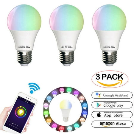 3 Pack WiFi 10W A21 Smart Multi-Color LED light Bulb ,Voice/App Controller,Compatible with Amazon Alexa Google