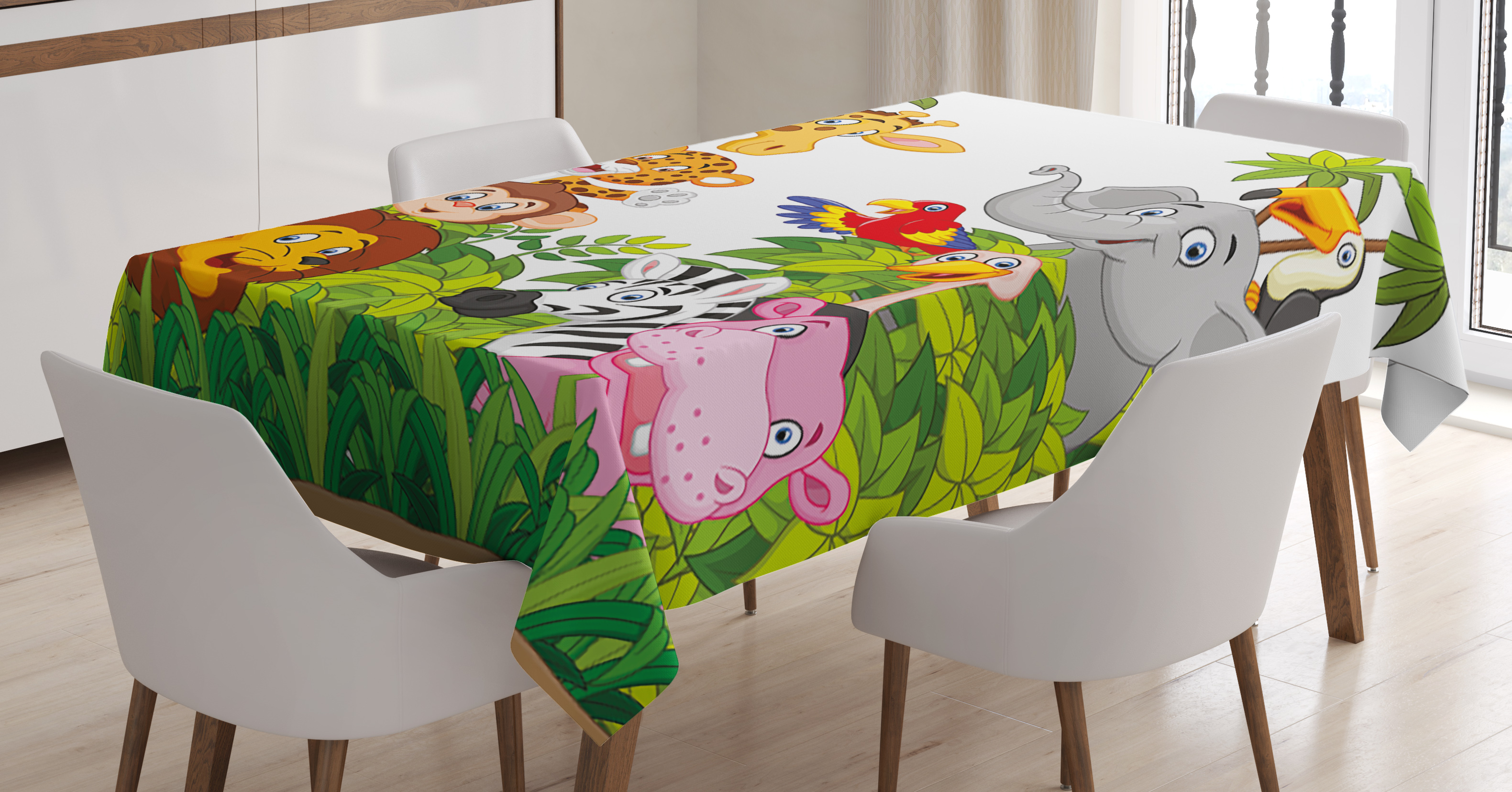 Nursery Tablecloth, Cartoon Style Zoo Animals Safari Jungle Mascots