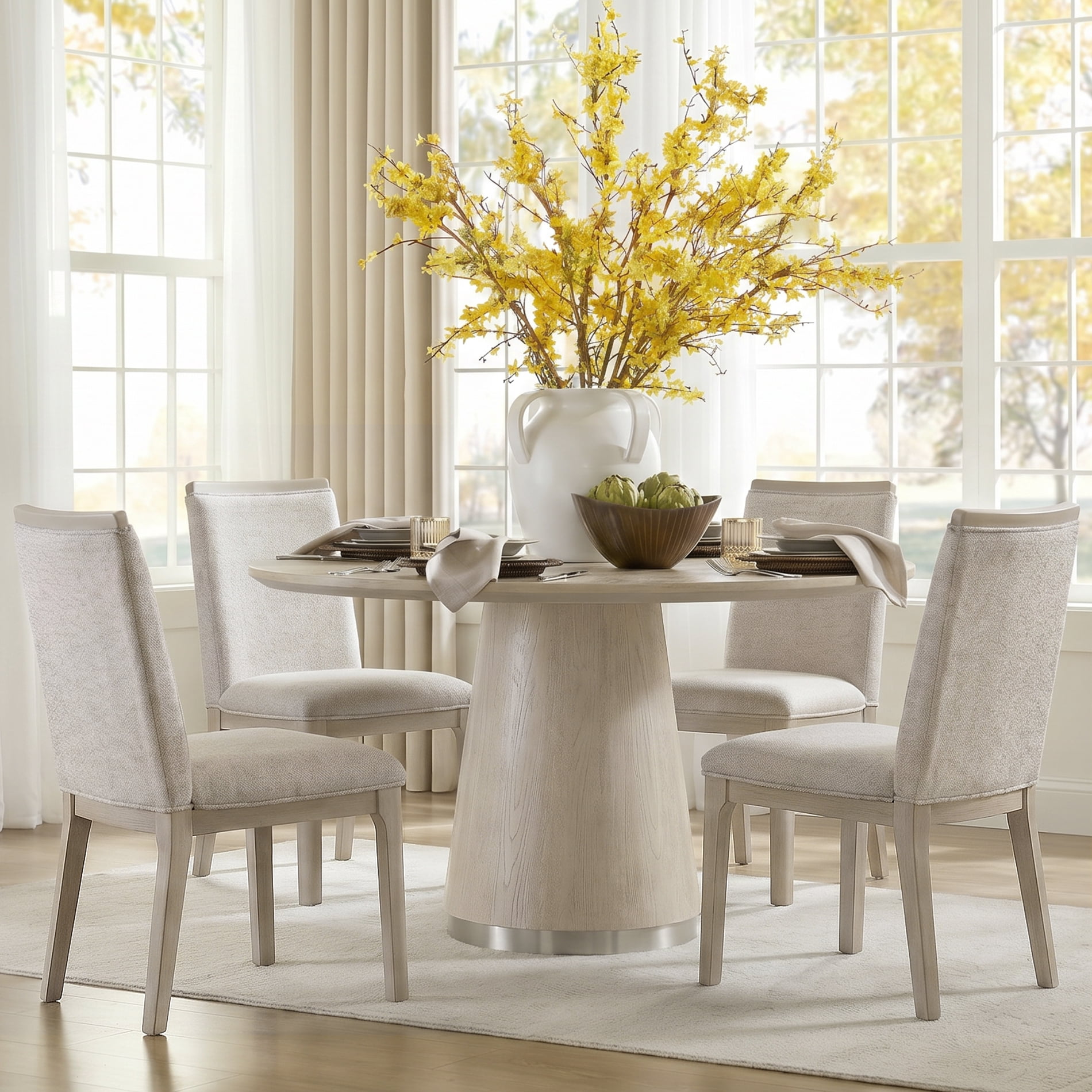 WAMPAT 43-Inch Pedestal Round Dining Table for 2-4, Small Space Kitchen Table with Light Oak Wood Grain & Silver Décor, Mid Century Modern Circle Dinner Table