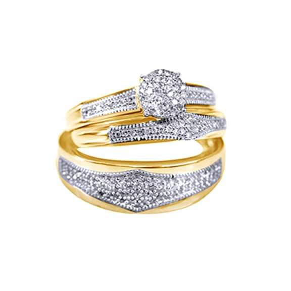 White Natural Diamond Engagement &amp; Wedding Trio Bridle Ring Set In 10k Yellow Gold (0.4 Cttw)