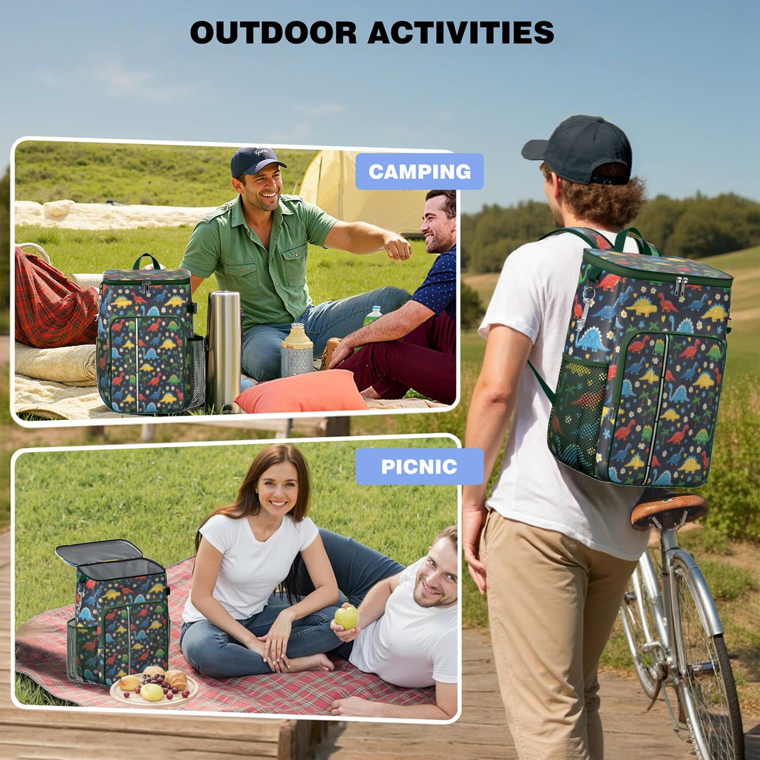 Travel Cooler Bag - Dark Cartoon Dinosaurs Flowers Hearts Palm Trees Pattern Camping Beer Cooler Backpack with Bottle Opener- Waterproof Insulated Picnic Backpacks - Cooler Bag for Beach