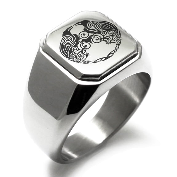 Stainless Steel Yggdrasil Huginn & Muninn Odin's Ravens Engraved Square Flat Top Biker Style Polished Signet Ring