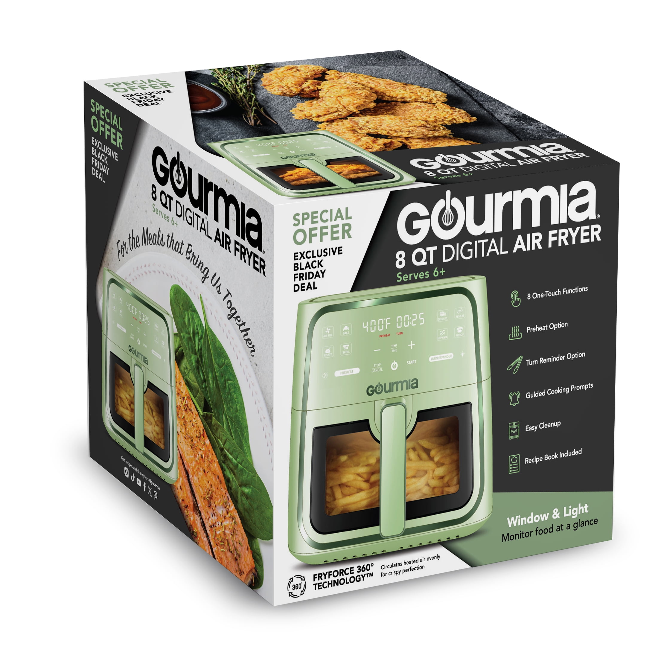Gourmia 8 Qt Air Fryer, 8 Presets with Digital Display, FryForce 360° Technology, Easy View Window & Interior Light, Dishwasher Safe Basket, Green
