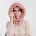 thumbnail image 4 of JM Gorro de invierno para mujer, pasamontañas de punto con forro polar de una pieza, conjunto de máscara, cuello de calavera, bufanda circular, gorro de nieve para esquí, gorro con pompón (rosa) JM, 4 of 5