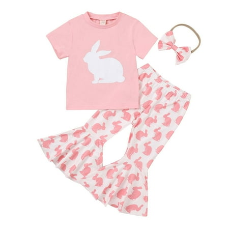 

Up to 30% off! Kukoosong Summer Baby Girl Clothes Easter Short Sleeve Round-Neck Blouses+Cartoon Printing Flared Trousers+Hairband Three-Piece Set Pink 1-2 Years