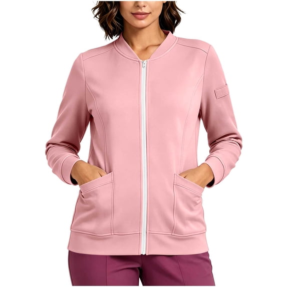 Frostluinai Scrub Jackets for Woman Zip Front Nurse Jacket with Pocket Lightweight Long Sleeve Solid Comfortable Work Uniform S-XXL