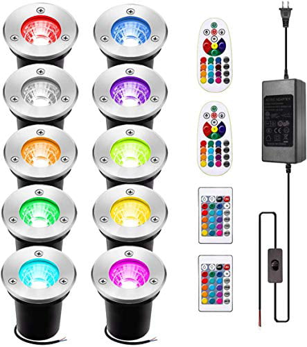 INNERWILL Landscape Lighting 10Pack 3W RGB INNERWILL Color Changing LED  Lights Low Voltage IP67 Waterproof Ground Light with Remote Controls and 