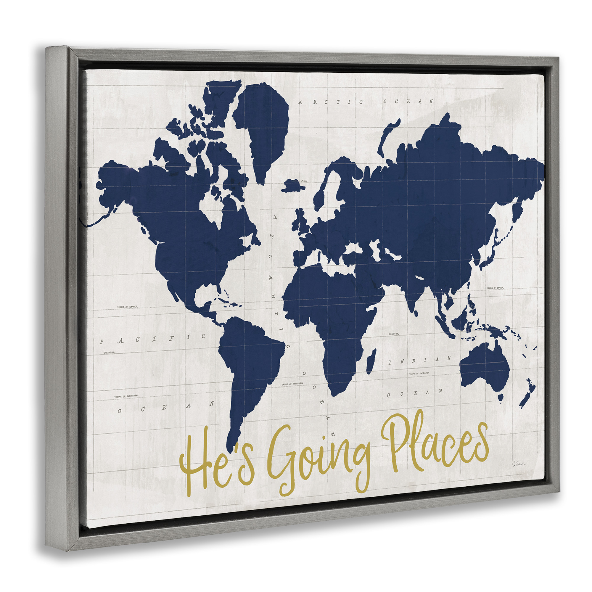 Stupell Industries Going Places Boy's Map Town & City Painting Gray Floater Framed Canvas Art Print Wall Art, 21 x 17