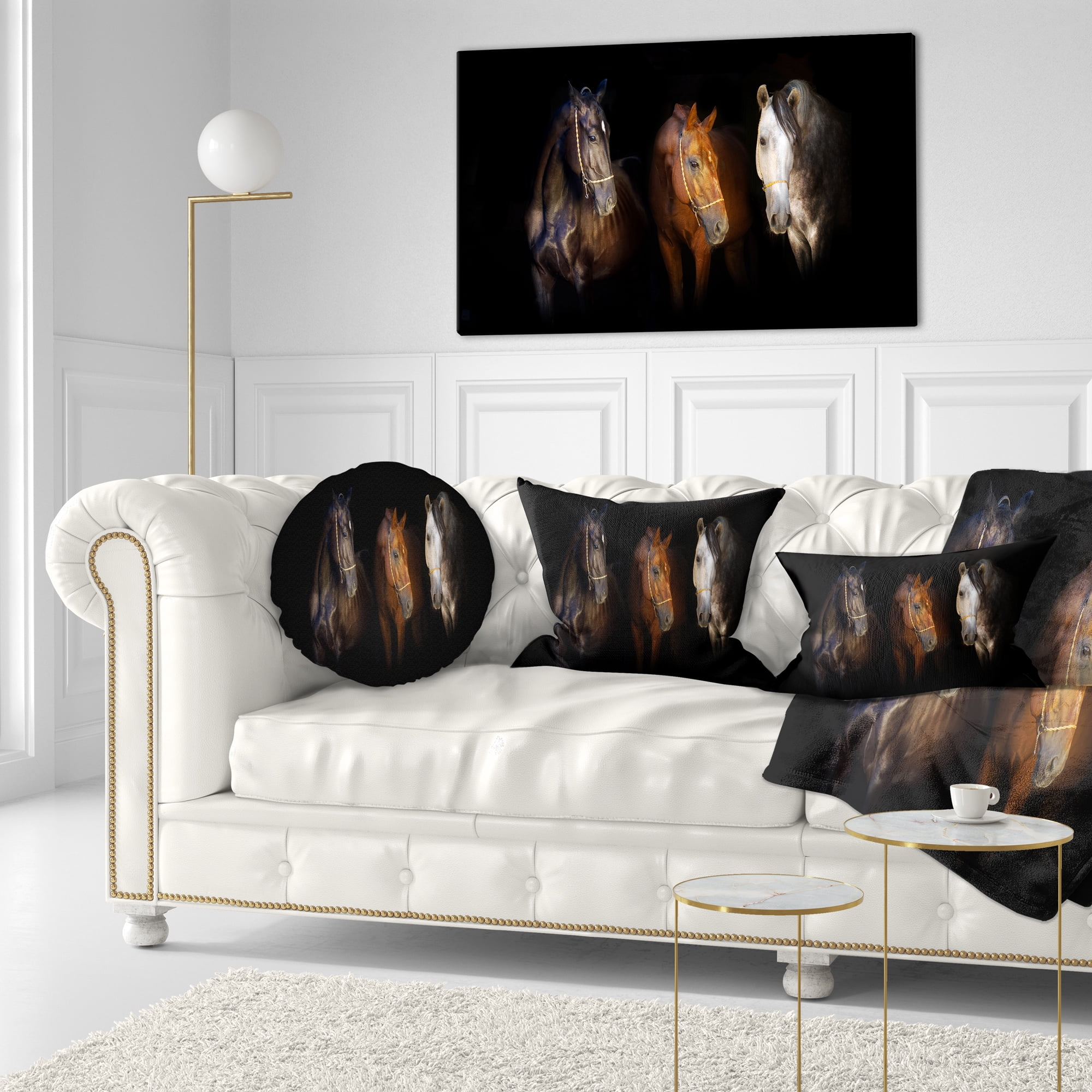 Designart Three Horses with Golden Bridle - Animal Throw Pillow - 12x20